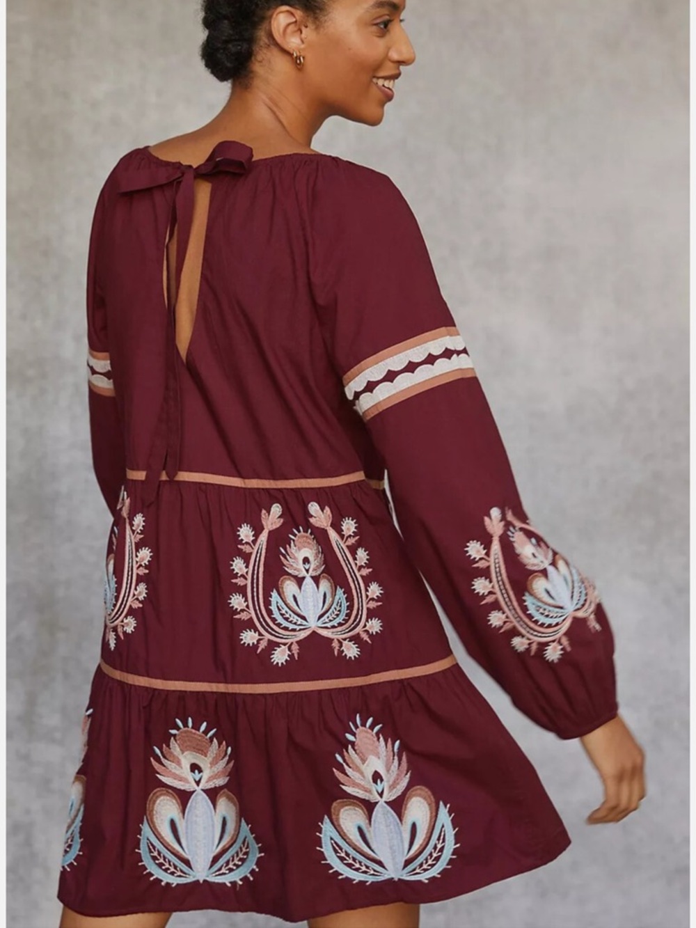 Anthropologie Let Me Be Burgundy Floral Embroidered Tunic Babydoll Dress - Picture 8 of 10